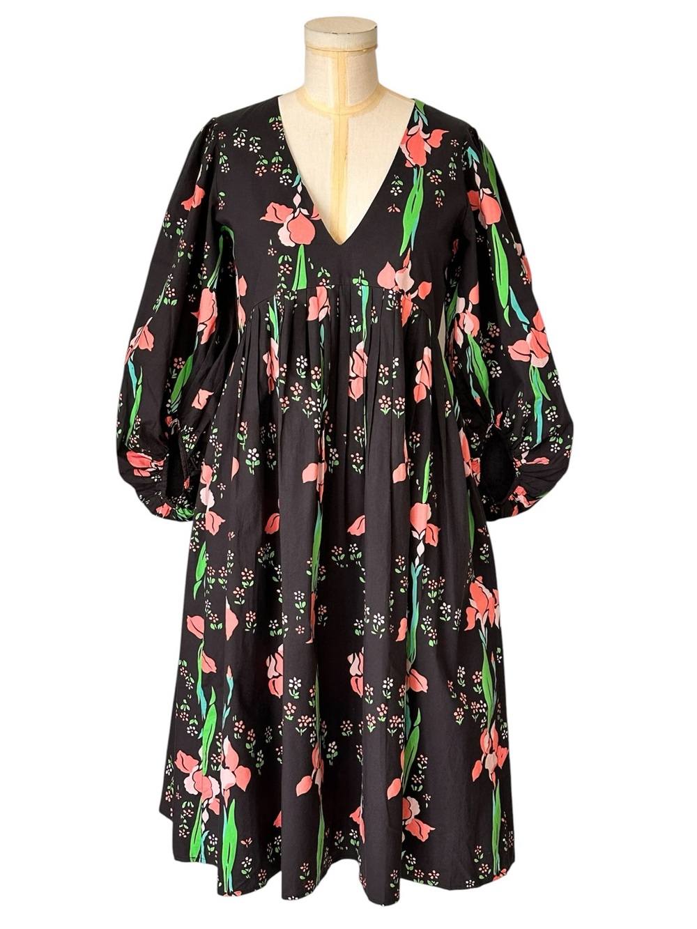 Manoush Iris Puff Sleeve Babydoll Midi Dress Dark Floral Cotton US 2 French 34